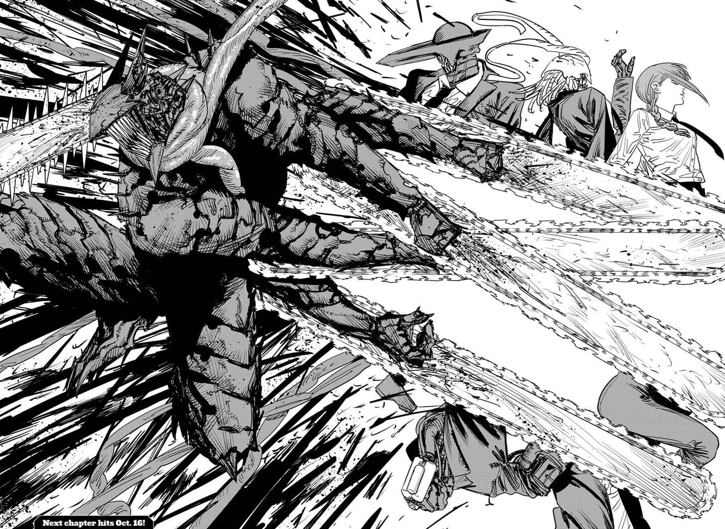 Chainsaw Man en pleine furie destructrice, scies tournoyantes